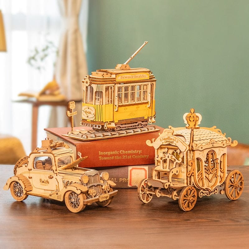 Robotime 3 Kinds DIY 3D Transportation Wooden Model Building Kits Vintage Car Tramcar Carriage Toy Gift for Children Adult