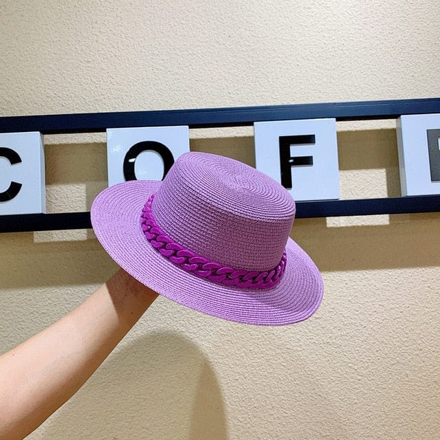 Macaron color straw hat sun hat flat top Korean fashion color chain with top hat acrylic beach hat candy color sun hat