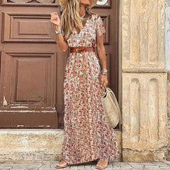 HOT SALE!! Boho Women V Neck Short Sleeve Paisley Print Belt Large Hem Beach Long Dress print dress summer beach dress with belt