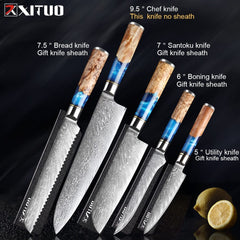 XITUO Kitchen Knives-Set Damascus Steel Chef Knife Cleaver Paring Utility Bread Knife Cooking Tool Blue Resin Handle 1-6Pcs/Set - Wowza