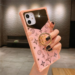 Luxury Square Mirror Pink Phone Case For iPhone 13 12 11 Pro XS Max XR X 10 7 8 Plus Hot Fashion Ring Holder Stand Cover Coque