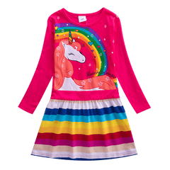 Girls Long Sleeve Star Embroidered Dress Girls Autumn New Style Two Pocket Rainbow Striped Sleeve Cotton Dress LH5809