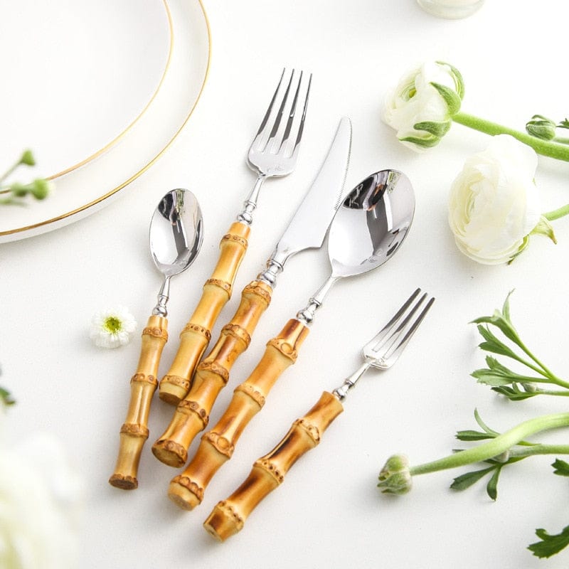 Creative Nature Bamboo Cutlery Set 304 Stainless Steel Steak Cutlery Tableware set Spoon and Fork Hign-end Quality Dinnerware - Wowza