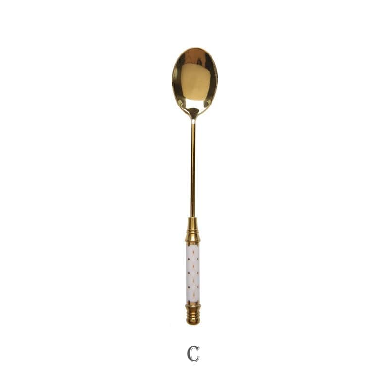 Stainless Steel Dessert Spoon Ceramic Long Handle Icecream Spoon Teaspoon Gold Coffee Cake Fruit Milk Spoon Kitchen Tableware - Wowza