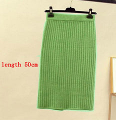 Mid-long Knitted Half-length Skirt Women's High waist One-step Skirt Autumn And Winter Hip Skirt Open-forked Elegant Skirts