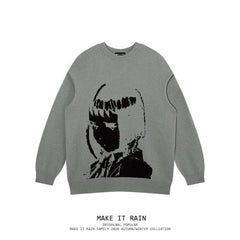 Harajuku Handsome Pullover Sweater Oversized Japanese Anime Cartoon Style Men and Women Print Knitted Sweater Long Sleeves Tops