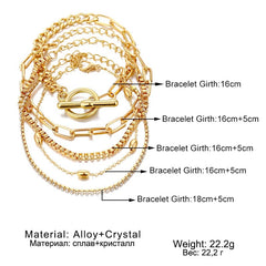 IPARAPunk Gold Color Crystal Thick Chain Bracelet Female Bohemian Geometric Chain OT Buckle Bracelet Set Jewelry Girl Party Gift