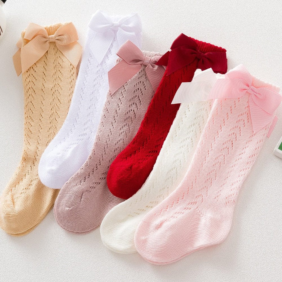 Summer Baby Girls Socks Toddlers Bow Long Sock Kids Knee High Soft Cotton Mesh Spanish Style Children 0-5 Years Breathable Socks