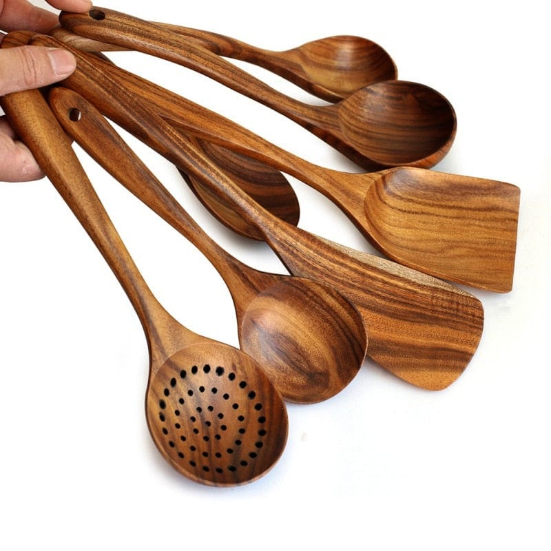 7pcs/set Teak Natural Wood Tableware Spoon Ladle Turner Rice Colander Soup Skimmer Cooking Spoon Scoop Kitchen Reusable Tool Kit - Wowza