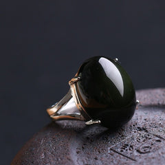 Natural Obsidian Ring Green Cat Eye Stone S925 Sterling Silver Mosaic Ring Simple Men Women Gift Crystal Ring Jewelry