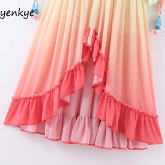 Summer Dress Women Gradient Multicolor Holiday Long Dress Romantic Lady Tassel Cuffs V Neck A-line Boho Beach Dress