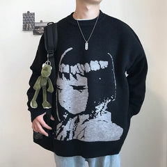 Harajuku Handsome Pullover Sweater Oversized Japanese Anime Cartoon Style Men and Women Print Knitted Sweater Long Sleeves Tops