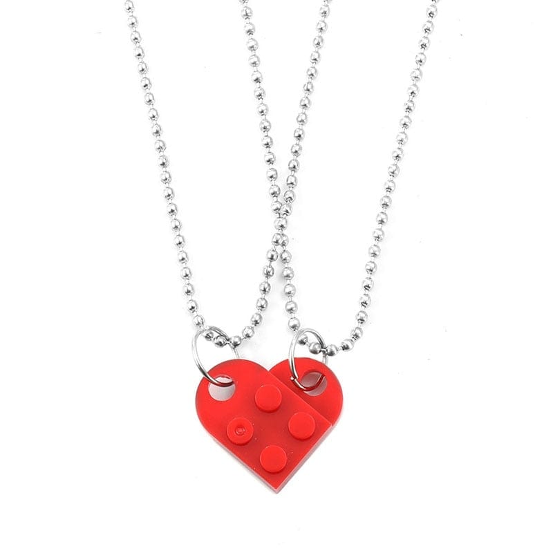 2Pcs Cute Love Heart Brick Pendant Necklace for Couples Friendship Women Men Lego Elements Couple Valentines Gifts Punk Necklace