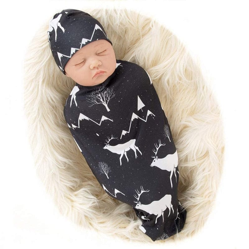 2Pcs Newborn Baby Printing Receiving Blanket Hat Set Infants Swaddle Wrap Sleeping Bag Hair Band Kit