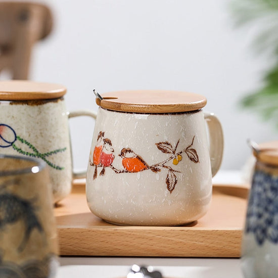 Vintage Coffee Mug Unique Japanese Retro Style Ceramic Cups, 380ml Kiln Change Clay Breakfast Cup Creative Gift for Friends - Wowza