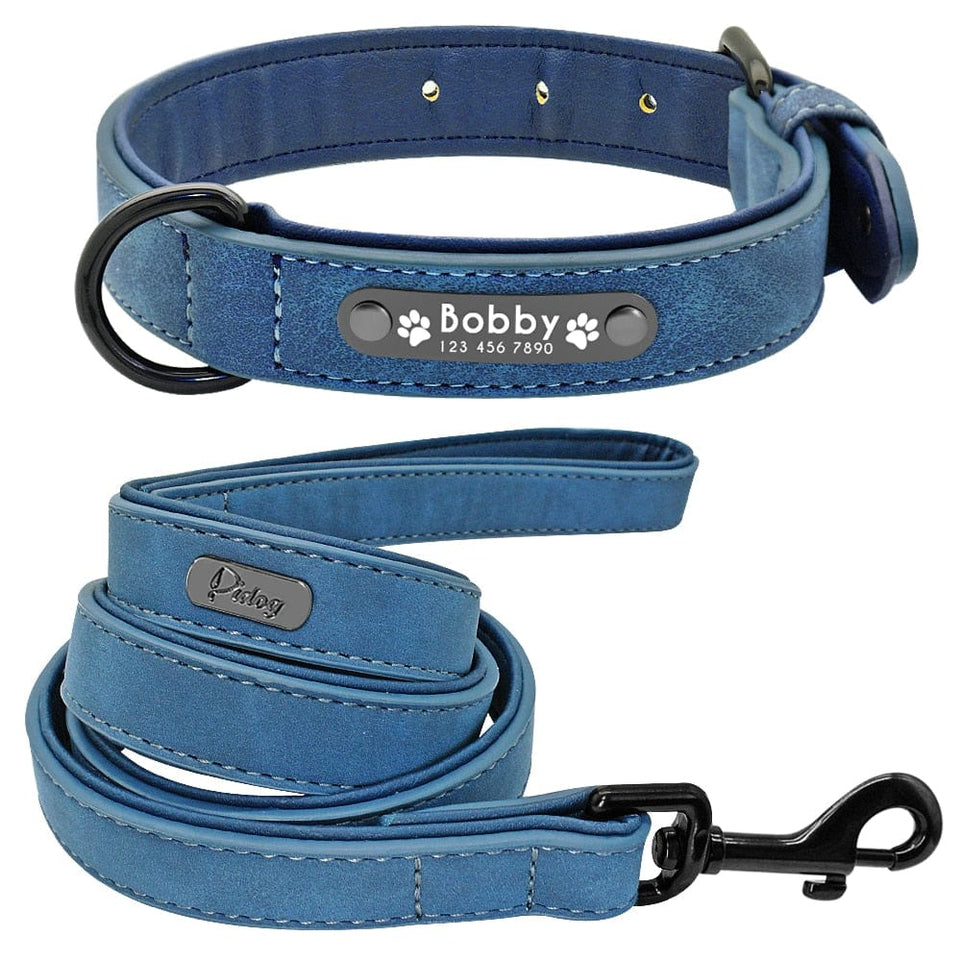 Personalized Dog Collar and Leash Leather Padded Customized Engraved Dogs Collars Lead Rope Set Bulldog Pitbull - Wowza
