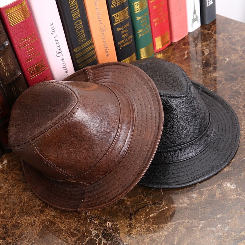 Male 100% Genuine Leather Jazz Hat Adult Fedoras Hat Male Sheepskin Fedoras Cap Men's Wide Brim Leather Cowboy Hat B-7284