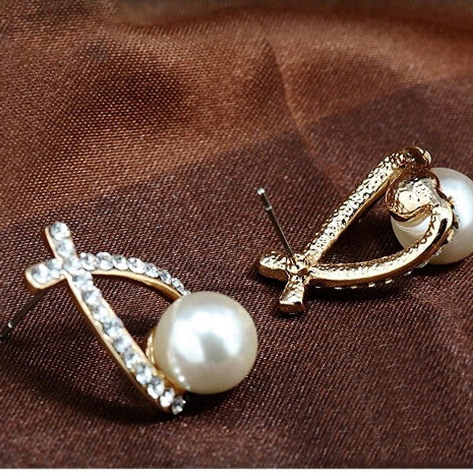 Korea New Fashion Gold Silver Color Cross Crystal Stud Earrings for Women Elegant Cute Pearl Earrings Brincos Jewelry