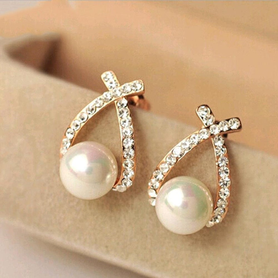 Korea New Fashion Gold Silver Color Cross Crystal Stud Earrings for Women Elegant Cute Pearl Earrings Brincos Jewelry