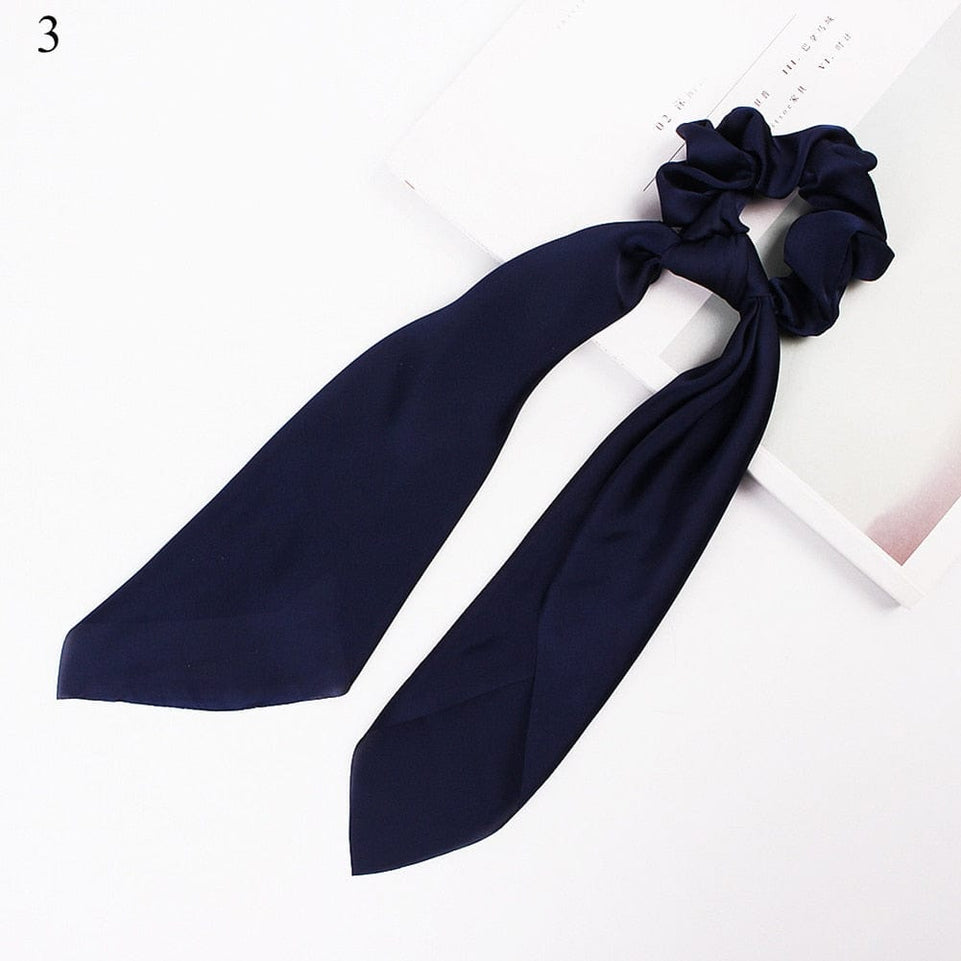 DIY Solid/Floral Print Bow Satin Long Ribbon Ponytail Scarf Hair Tie Scrunchies Women Girls Elastic Hair Bands Hair Accessories