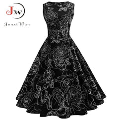 Summer Womens Dresses  Casual Floral Retro Vintage 50s 60s Robe Rockabilly Swing Pinup Vestidos Valentines Day Party Dress