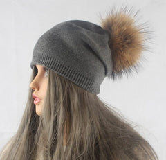 Autumn Winter Warm Knitted Hat Women Wool Skullies Beanies Casual Female Cashmere Beanie Cap Real Raccoon Fur Pompom Hat