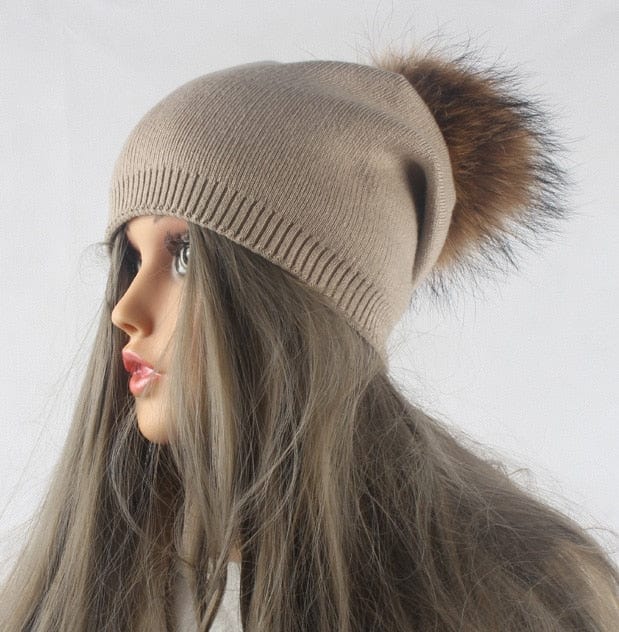 Autumn Winter Warm Knitted Hat Women Wool Skullies Beanies Casual Female Cashmere Beanie Cap Real Raccoon Fur Pompom Hat