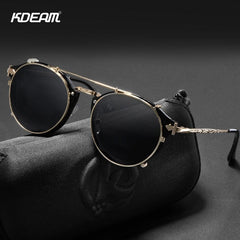 KDEAM Retro Steampunk Round Clip On Sunglasses Men Women Double Layer Removable Lens Baroque Carved Legs Glasses UV400  With Box