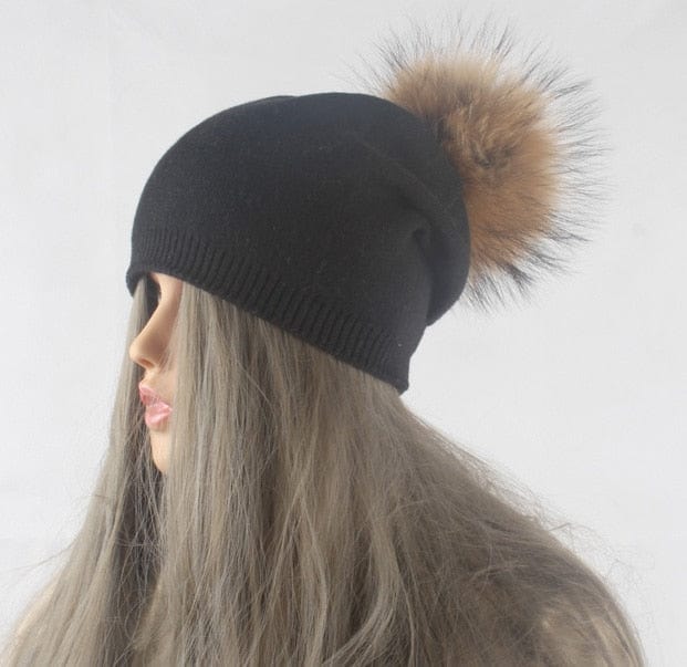 Autumn Winter Warm Knitted Hat Women Wool Skullies Beanies Casual Female Cashmere Beanie Cap Real Raccoon Fur Pompom Hat