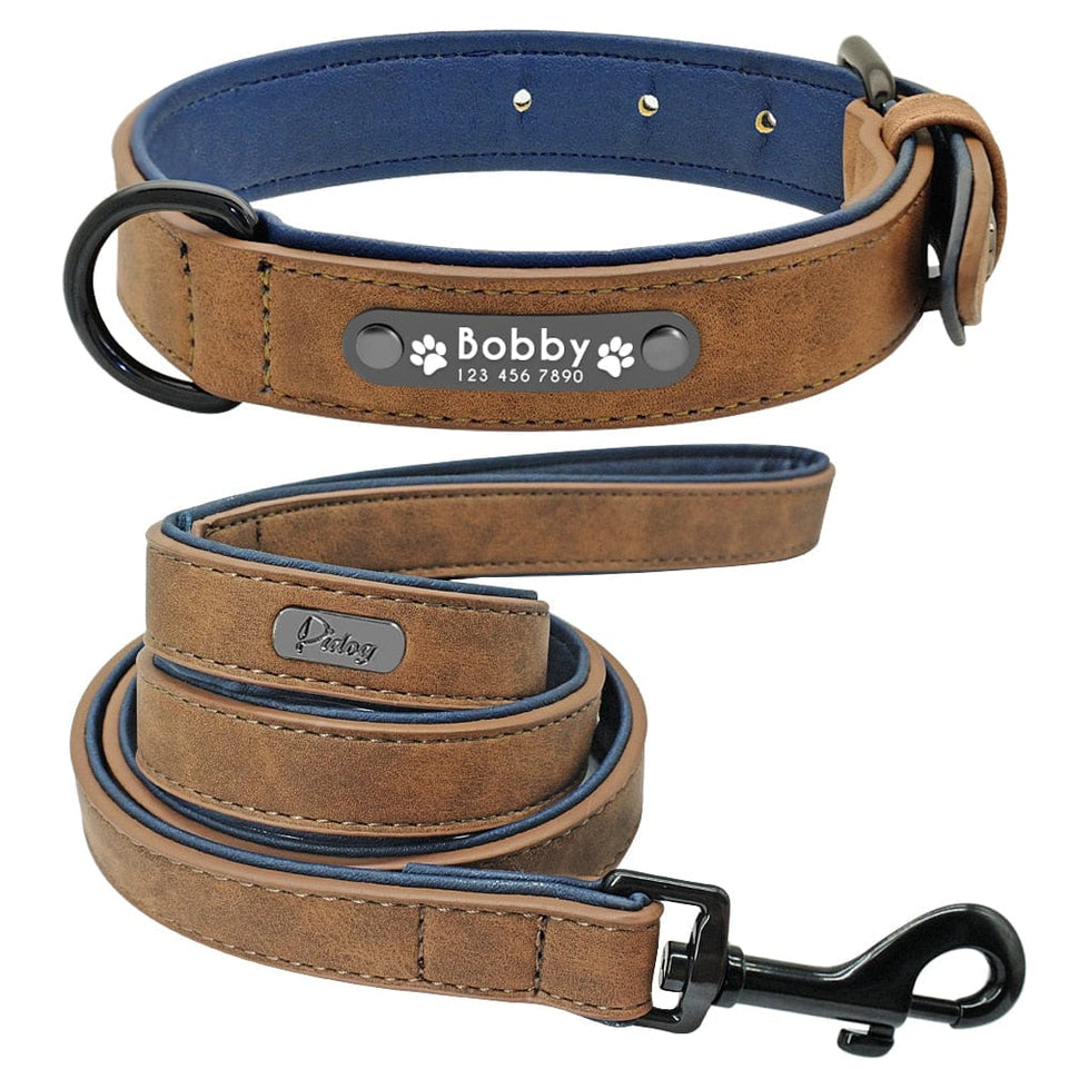 Personalized Dog Collar and Leash Leather Padded Customized Engraved Dogs Collars Lead Rope Set Bulldog Pitbull - Wowza