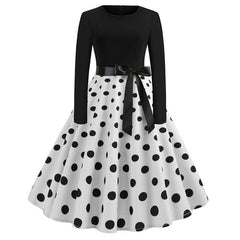 Winter Christmas Dresses Women 50S 60S Vintage Robe Swing Pinup Elegant Party Dress Long Sleeve Casual Print Black