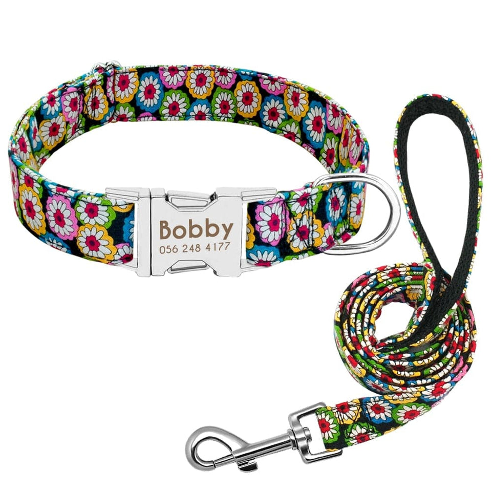 Dog Collar Personalized Nylon Dog Collar and Leash Pet Nameplate ID Collars Printed Puppy Leash For Small Medium Large Dogs Pug - Wowza