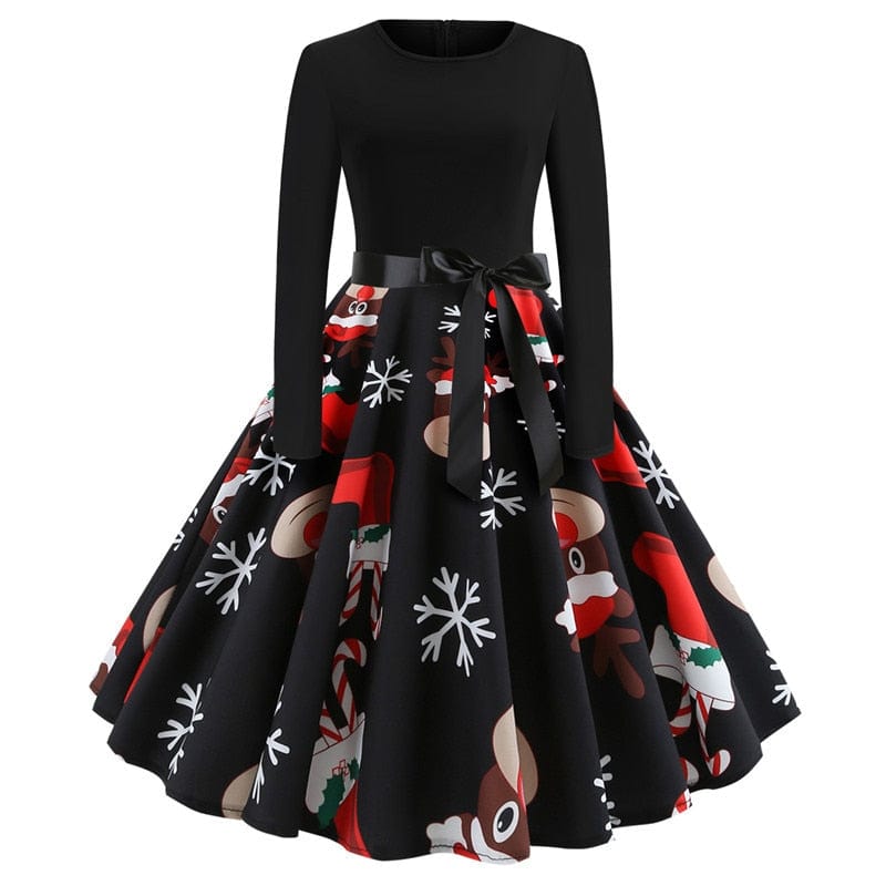 Winter Christmas Dresses Women 50S 60S Vintage Robe Swing Pinup Elegant Party Dress Long Sleeve Casual Print Black