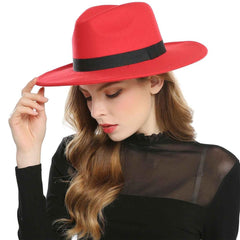 WELROG Black Red Fedora Hats For Women Imitation Wool Fedoras Panama Felt Hat Winter Men Jazz Hats Trilby Chapeau Femme Caps