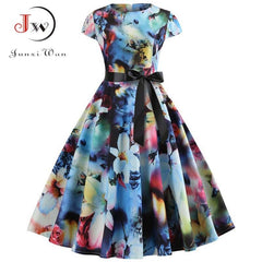 2022 Women Summer Dress Vintage Floral Print Rockabilly Dress Robe Femme Sundress Vestidos Polka Dot Party Dress