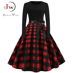 Winter Christmas Dresses Women 50S 60S Vintage Robe Swing Pinup Elegant Party Dress Long Sleeve Casual Print Black