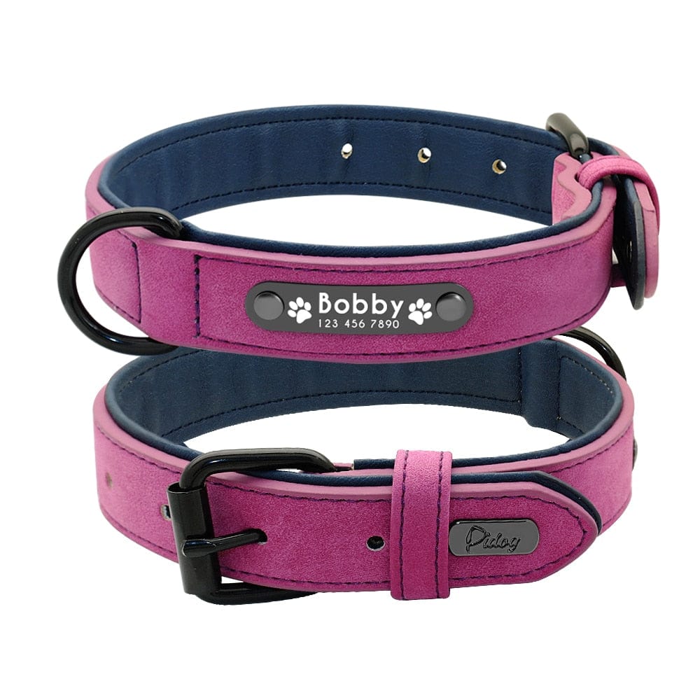 Personalized Dog Collar and Leash Leather Padded Customized Engraved Dogs Collars Lead Rope Set Bulldog Pitbull - Wowza