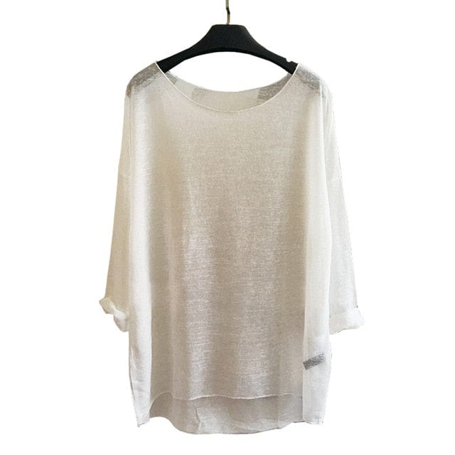 New Fashion Linen Cotton Loose Knitted Sweater Long Sleeve Blouses Casual O-neck Women Tops Transparent Blouse Shirt XZ191