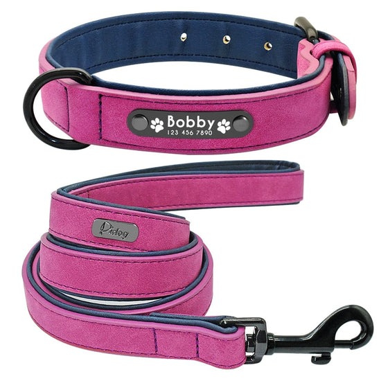 Personalized Dog Collar and Leash Leather Padded Customized Engraved Dogs Collars Lead Rope Set Bulldog Pitbull - Wowza