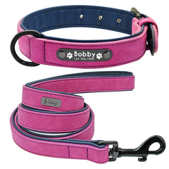 Personalized Dog Collar and Leash Leather Padded Customized Engraved Dogs Collars Lead Rope Set Bulldog Pitbull - Wowza