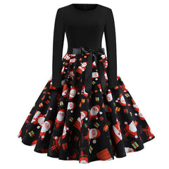 Winter Christmas Dresses Women 50S 60S Vintage Robe Swing Pinup Elegant Party Dress Long Sleeve Casual Print Black