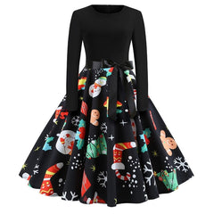 Winter Christmas Dresses Women 50S 60S Vintage Robe Swing Pinup Elegant Party Dress Long Sleeve Casual Print Black