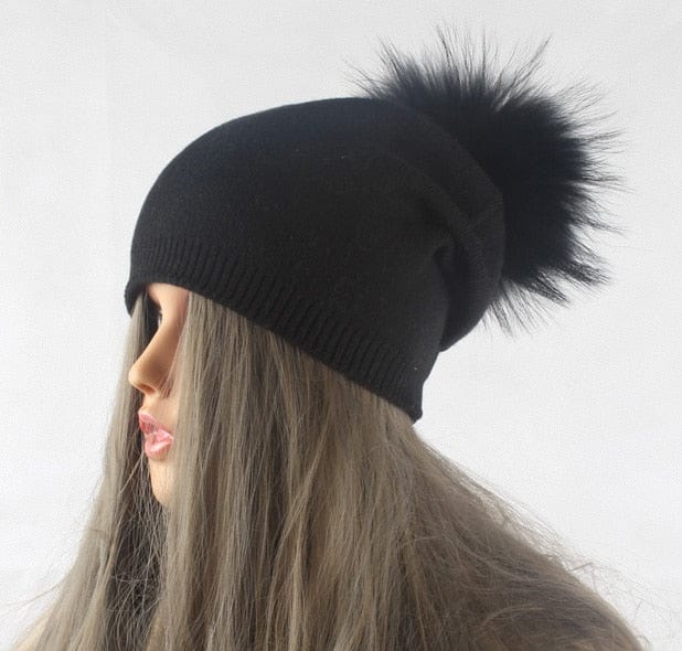 Autumn Winter Warm Knitted Hat Women Wool Skullies Beanies Casual Female Cashmere Beanie Cap Real Raccoon Fur Pompom Hat