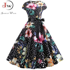 2022 Women Summer Dress Vintage Floral Print Rockabilly Dress Robe Femme Sundress Vestidos Polka Dot Party Dress