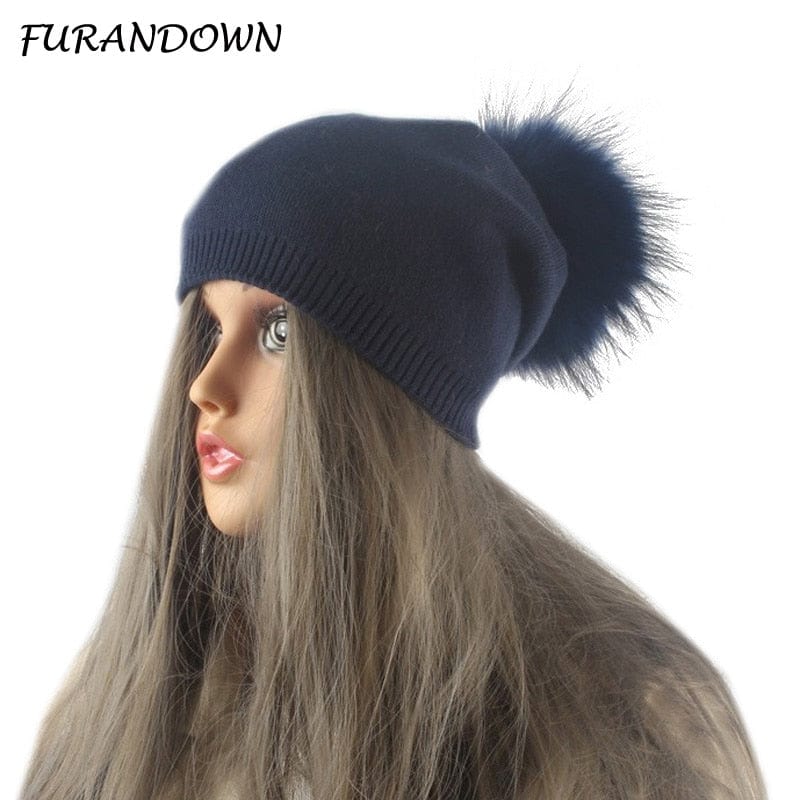 Autumn Winter Warm Knitted Hat Women Wool Skullies Beanies Casual Female Cashmere Beanie Cap Real Raccoon Fur Pompom Hat