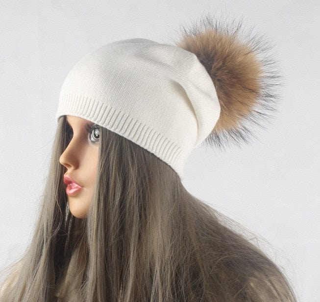 Autumn Winter Warm Knitted Hat Women Wool Skullies Beanies Casual Female Cashmere Beanie Cap Real Raccoon Fur Pompom Hat