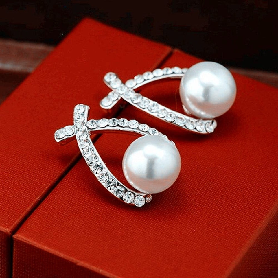 Korea New Fashion Gold Silver Color Cross Crystal Stud Earrings for Women Elegant Cute Pearl Earrings Brincos Jewelry