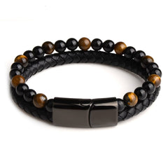 Natural Stone Bracelets Genuine Leather Braided Bracelets Black Stainless Steel Magnetic Clasp Tiger eye Bead Bangle Men Jewelry