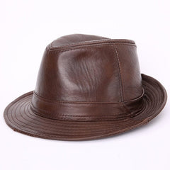 Male 100% Genuine Leather Jazz Hat Adult Fedoras Hat Male Sheepskin Fedoras Cap Men's Wide Brim Leather Cowboy Hat B-7284