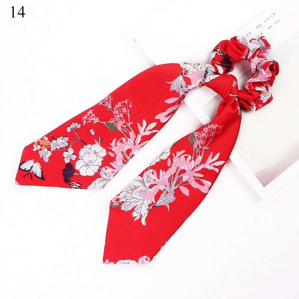 DIY Solid/Floral Print Bow Satin Long Ribbon Ponytail Scarf Hair Tie Scrunchies Women Girls Elastic Hair Bands Hair Accessories